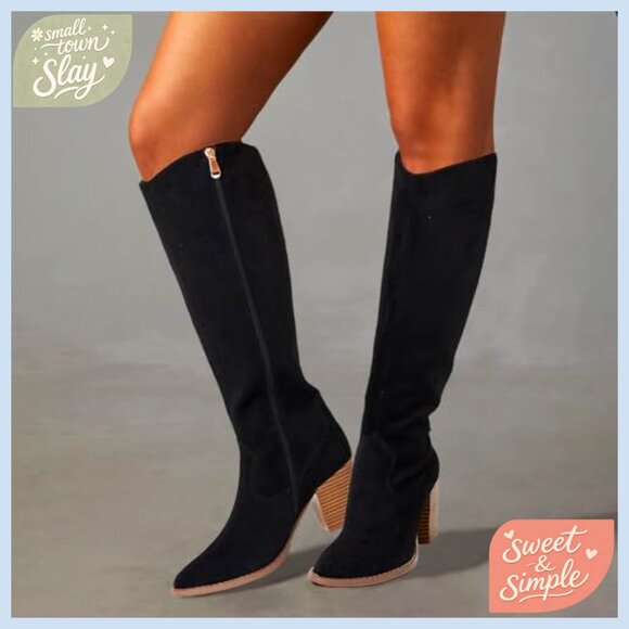 Knee High Boots Pointed Toe Suede Chunky Heel Slouchy Side Zipper Fashion - Picture 4 of 7